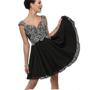 Dancing Queen Cap Sleeve Adorned Sweetheart A-Line Cocktail Dress black silver S